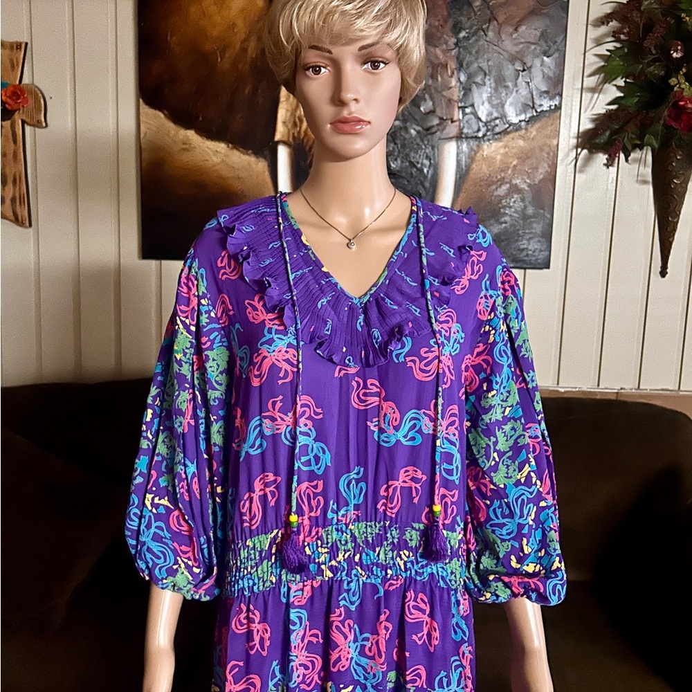 Diane Freis • Vintage • Large • Purple/Pink W/ Ribbon Design~Ruffles/Tie • Dress - Picture 8 of 15
